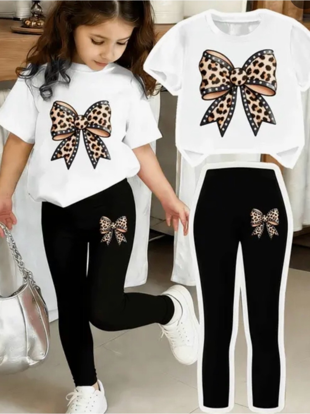 Girls Black Leggings with Leopard Bow in Accent